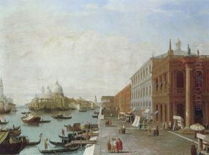 Blick Von Der Riva Degli Schiavoni Mit Der Biblioteca Uber Das Markusbecken Auf Den Canal Grande Mit Der Punta Della Dogana