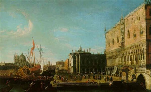 Venice, A View Of The Riva Degli Schiavoni Looking West With Figures Embarking The Bucintoro - view 1