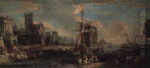 A Capriccio Of A Mediterranean Seaport And Castel Sant'angelo Beyond by Luca Carlevarijs