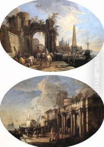 Capriccio View Of A Harbour With Horsemen Passing Beneath An Arch