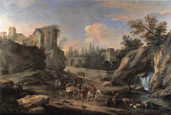 A Landscape In The Campagna With Travellers And Their Pack-horses About To Cross A River, A Waterfall, A Roman - view 1