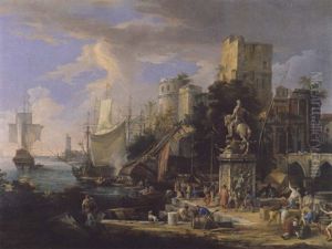 Scene Portuaire Avec Une Fregate Mise En Chantier by Luca Carlevarijs