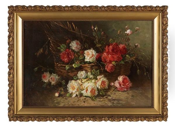 Still Life Of Peonies And Wild Roses In A Woven Basket - view 1