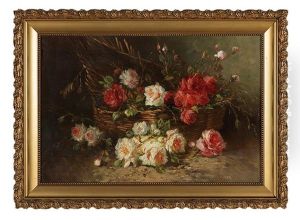Still Life Of Peonies And Wild Roses In A Woven Basket by Max Carlier