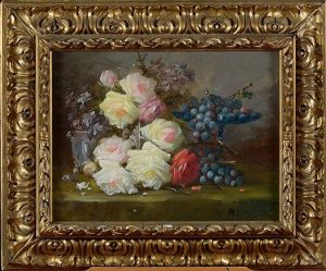 Gerbe De Roses Et De Raisins Sur Un Entablement by Max Carlier