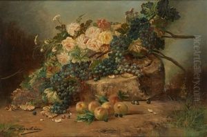 Composition Aux Raisins, Roses Et Pommes by Max Carlier