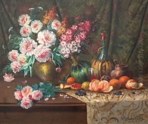 Stilleven Met Chiantifles, Rozen En Fruit by Max Carlier