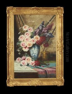 Still Life With Flowers In A Blue And White Vase by Max Carlier
