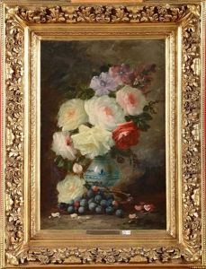 Nature Morte Au Vase De Roses Et Aux Raisins by Max Carlier