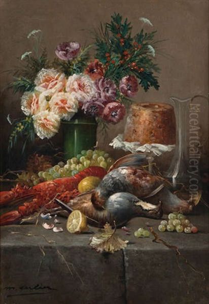 Nature Morte Avec Fleurs, Gibier, Homard Et Raisins Sur Entablement En Pierre - view 1