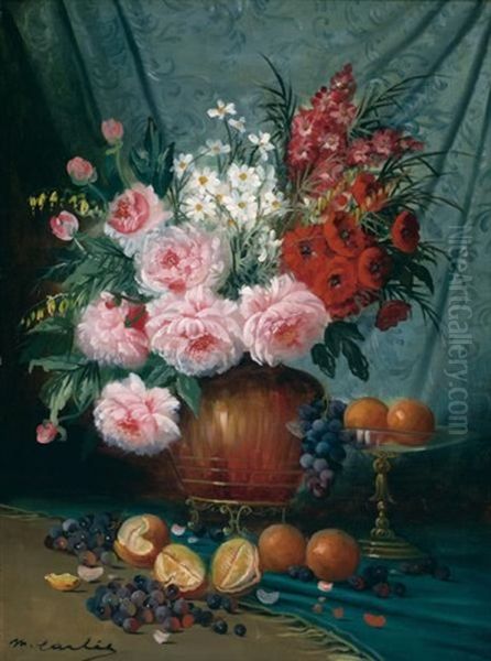 Still Life With Vase Of Flowers And Fruit On A Table - view 1