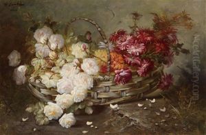 Rosen Und Astern In Einem Weidenkorb by Max Carlier