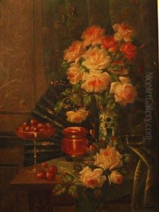 Vase Fleuri De Roses Et Coupe Fleurie Sur Un Entablement by Max Carlier