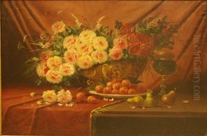 Composition Aux Roses Et Aux Fruits Sur Entablement by Max Carlier