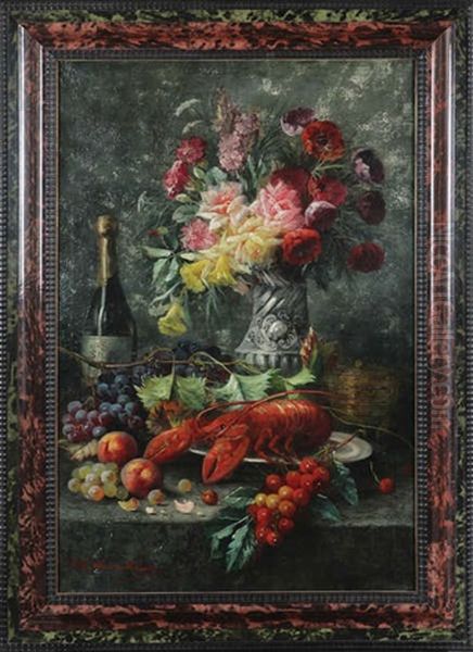 Nature Morte Avec Homard, Fruits, Bouteille De Vin Et Fleurs Sur Un Entablement - view 1