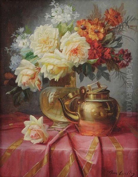 Nature Morte Avec Un Vase De Roses Sur Une Table - view 1