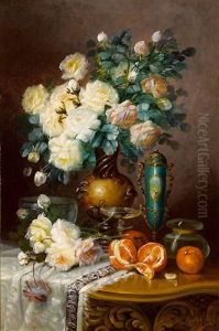 White Roses, Oranges, And Porcelain Urn On Draped Table