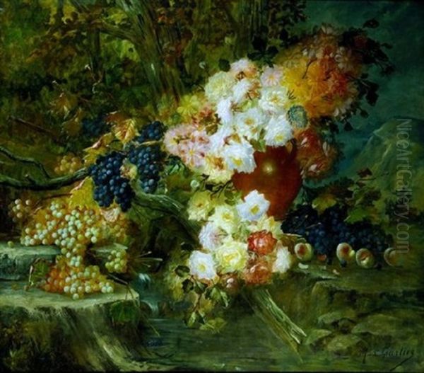 Still Life Of Flowers In An Earthenware Pot And Fruits In A Wooded Landscape - view 1