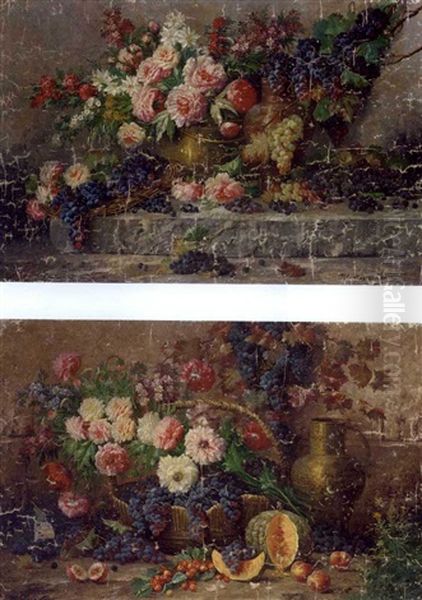 Summer Blooms In Brass And Copper Ewers By A Grape Vine (+ Summer Blooms And Grapes In A Basket By Peaches, Cherries, A Pumpkin, A Brass Ewer And A Vine On A Ledge; Pair) - view 1