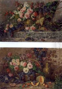 Summer Blooms In Brass And Copper Ewers By A Grape Vine (+ Summer Blooms And Grapes In A Basket By Peaches, Cherries, A Pumpkin, A Brass Ewer And A Vine On A Ledge; Pair) by Max Carlier