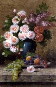 Roses And Lilacs In A Blue Vase With A Plate Of Fruit On A Stone Ledge by Max Carlier