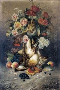 Stilleven Met Bloemen, Fruit En Wild by Max Carlier