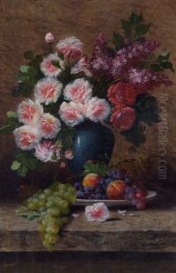 Roses, Lilacs In A Blue Vase With A Plate Of Fruit On A Stone Ledge Roses, Lilacs In A Blue Vase With A Plate Of Fruit On A Stone Ledge