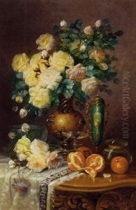 White Roses, Oranges And A Porcelain Urn On A Draped Table