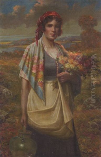 Jeune Fille Au Bouquet De Fleurs Dans Un Paysage Lacustre - view 1