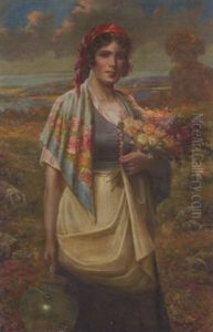 Jeune Fille Au Bouquet De Fleurs Dans Un Paysage Lacustre by Max Carlier