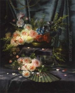 A Still Life With Flowers, A Fan And A Pitcher