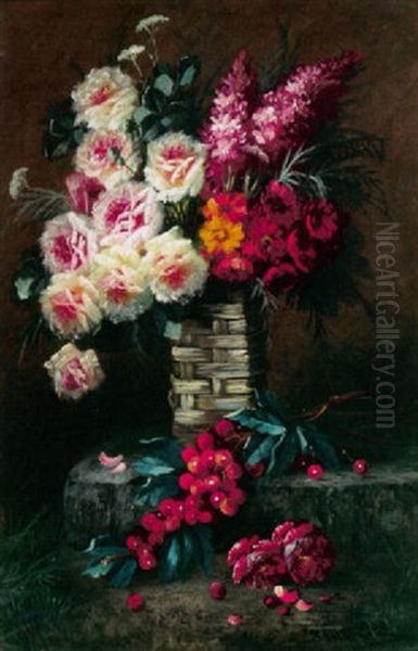 A Still Life With Flowers In A Vase And Cherries Of A Ledge by Max Carlier