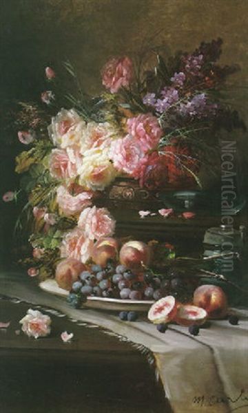 A Still Life With Roses And Other Flowers In An Urn And Peaches And Grapes In A Dish On A Tabletop - view 1