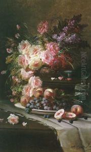 A Still Life With Roses And Other Flowers In An Urn And Peaches And Grapes In A Dish On A Tabletop by Max Carlier