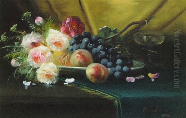 Grapes And Roses In A Dish On A Draped Table - view 1