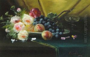 Grapes And Roses In A Dish On A Draped Table by Max Carlier