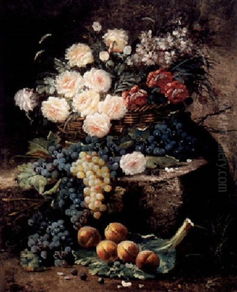 A Still Life With Peonies, Grapes And Peaches by Max Carlier