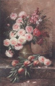 A Vase Of Roses With Peaches On A Bank by Max Carlier