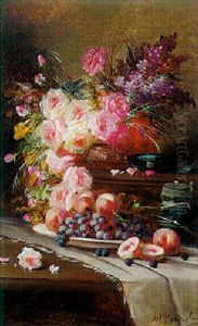 Still Life With Flowers, Peaches And Grapes