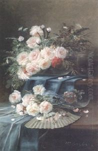 Roses And Others Flowers, A Fan And A Glass On A Draped Table