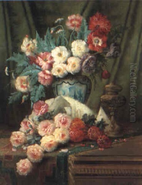 Still Life With Roses And Other Flowers On A Draped Table - view 1