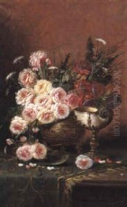 Still Life With Roses And Nautilus Cup On A Draped Table