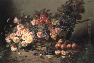 Still Life With Roses And Fruit In A Basket by Max Carlier