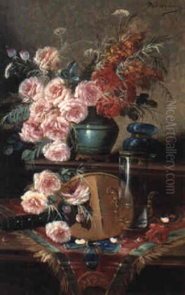 A Still Life With A Mandolin And Assorted Flowers On A      Draped Table - view 1