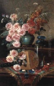 A Still Life With A Mandolin And Assorted Flowers On A      Draped Table