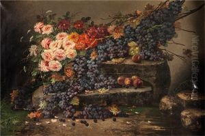Nature Morte De Fleurs Et De Raisins Sur Un Entablement by Modeste Carlier