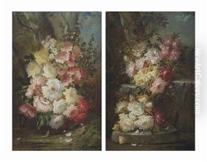 A Spring Bouquet With Roses And Hollyhocks; And A Colourful Bouquet Of Roses On A Forest Floor by Modeste Carlier