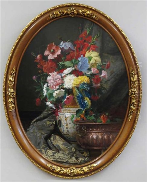 Still-life With Peonies, Gladiolas, Carnations And Poppies In A Faience Vase - view 1