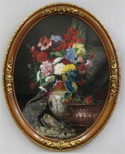 Still-life With Peonies, Gladiolas, Carnations And Poppies In A Faience Vase by Modeste Carlier