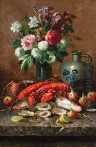 Still Life With Crayfish And Oysters by Modeste Carlier